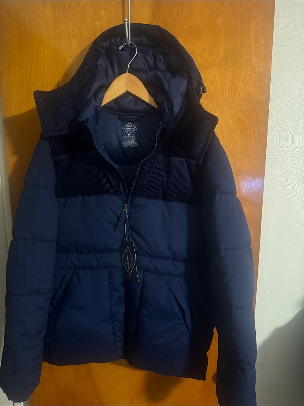Navy Puffer Jacket Mens Medium Corduroy Hood